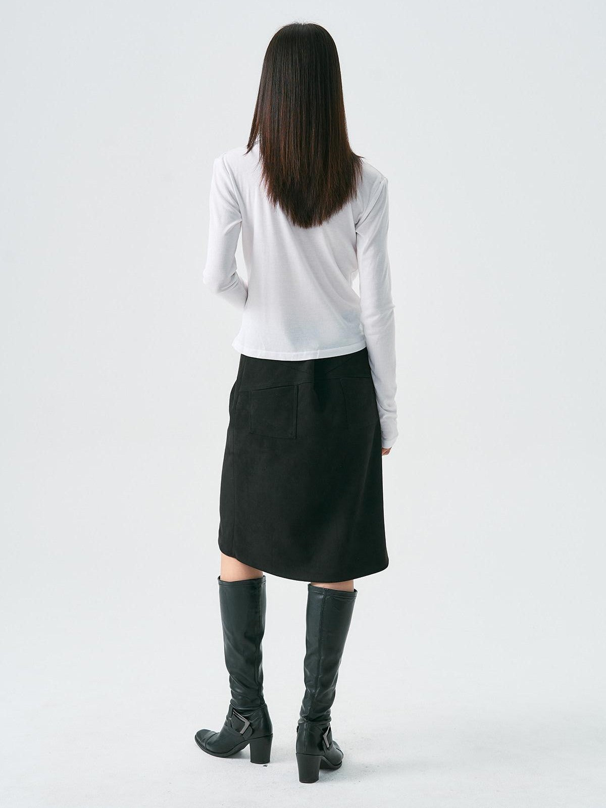 APRIORITY Distressed Faux Suede Cross Pocket A Line Women's Polyester Blend Midi Skirts