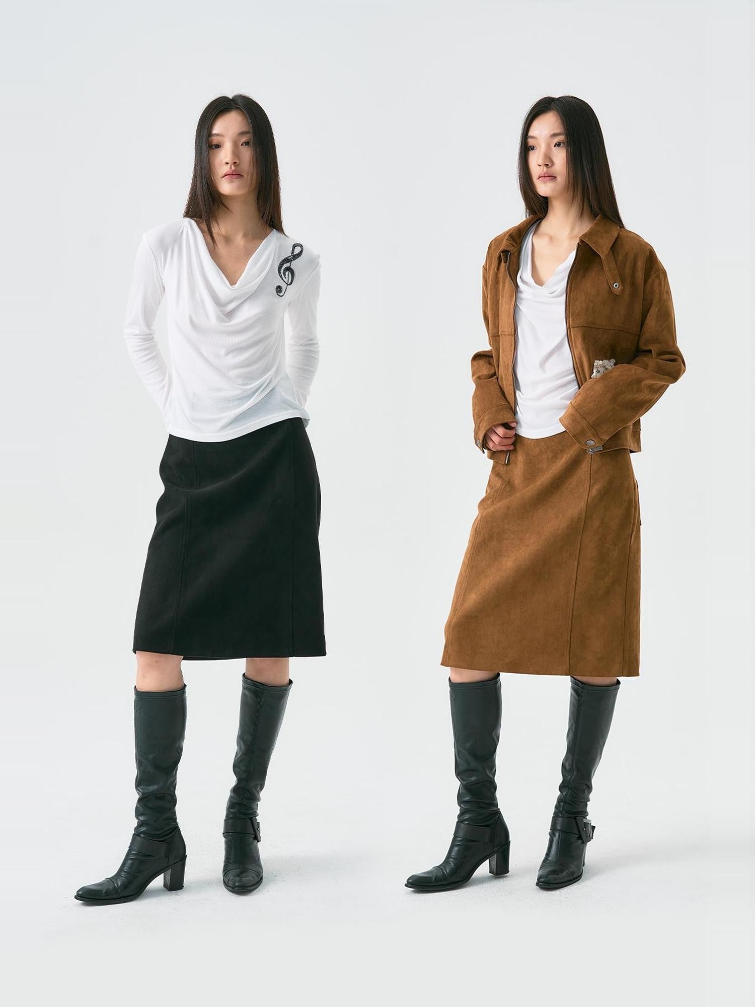 APRIORITY Distressed Faux Suede Cross Pocket A Line Women's Polyester Blend Midi Skirts