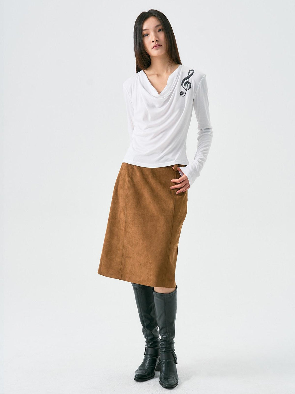 APRIORITY Distressed Faux Suede Cross Pocket A Line Women's Polyester Blend Midi Skirts