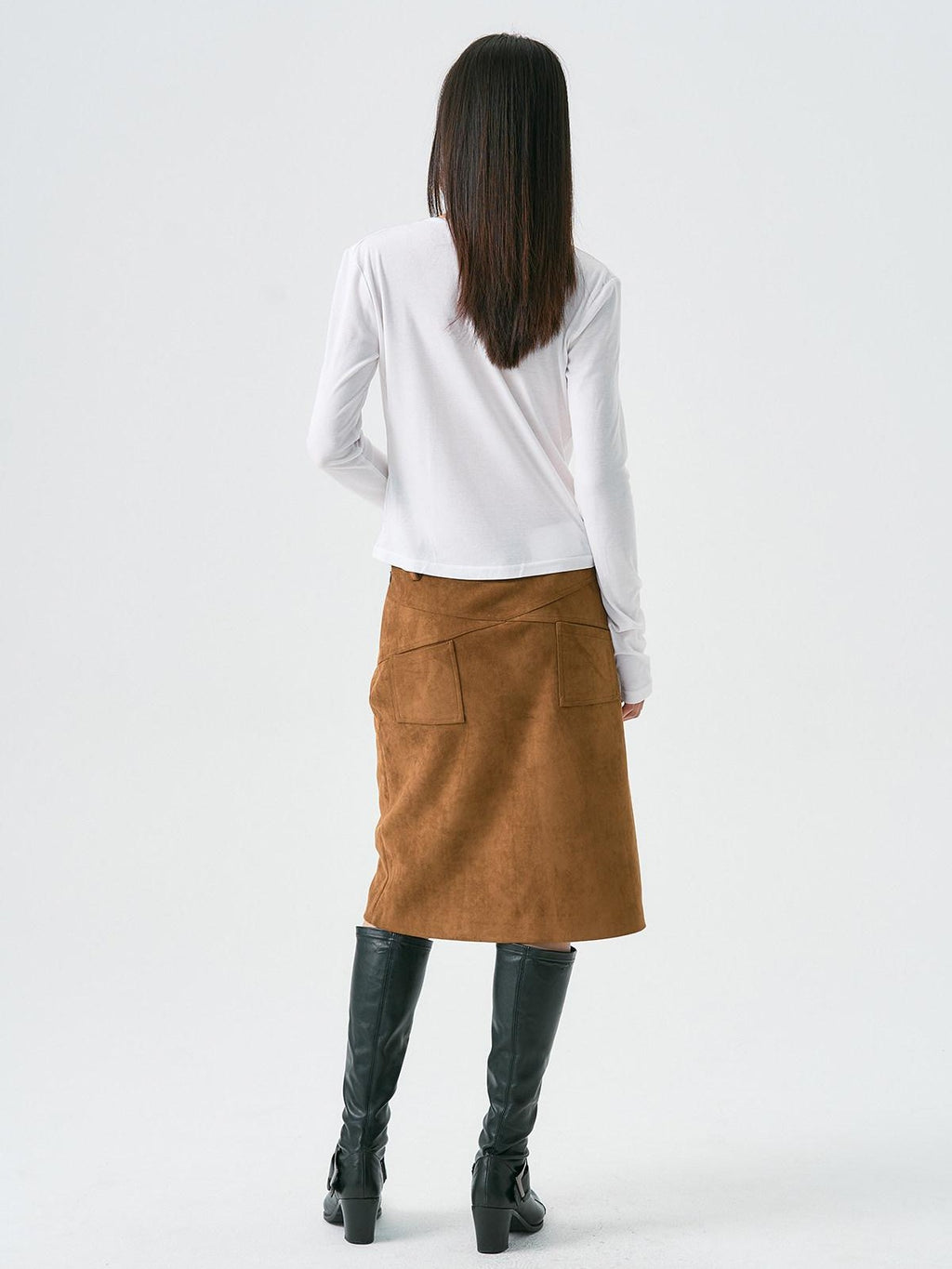 APRIORITY Distressed Faux Suede Cross Pocket A Line Women's Polyester Blend Midi Skirts