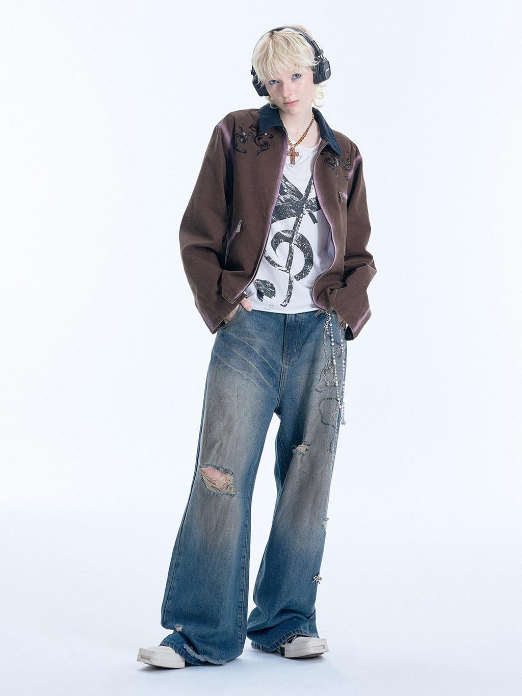 APRIORITY Distressed Sequin Embroidered Patchwork Collar Women's Cotton Utility Jackets