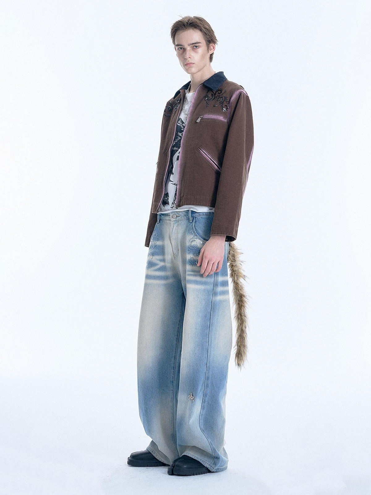 APRIORITY Distressed Sequin Embroidered Patchwork Collar Women's Cotton Utility Jackets