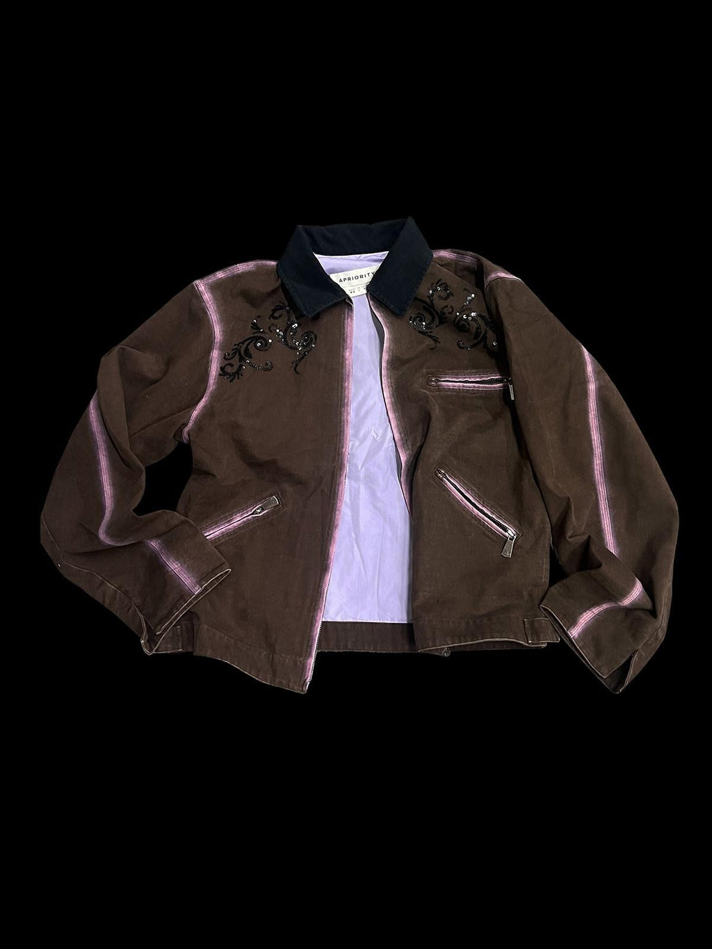 APRIORITY Distressed Sequin Embroidered Patchwork Collar Women's Cotton Utility Jackets