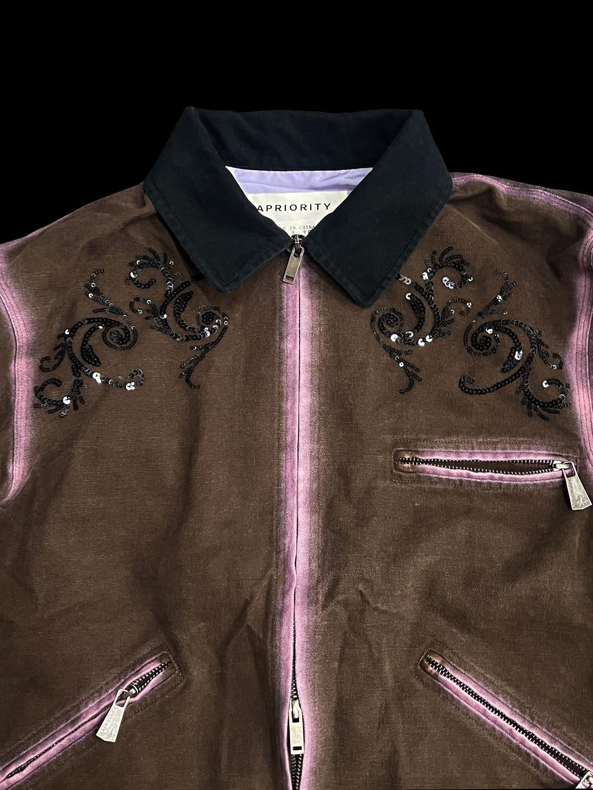 APRIORITY Distressed Sequin Embroidered Patchwork Collar Women's Cotton Utility Jackets