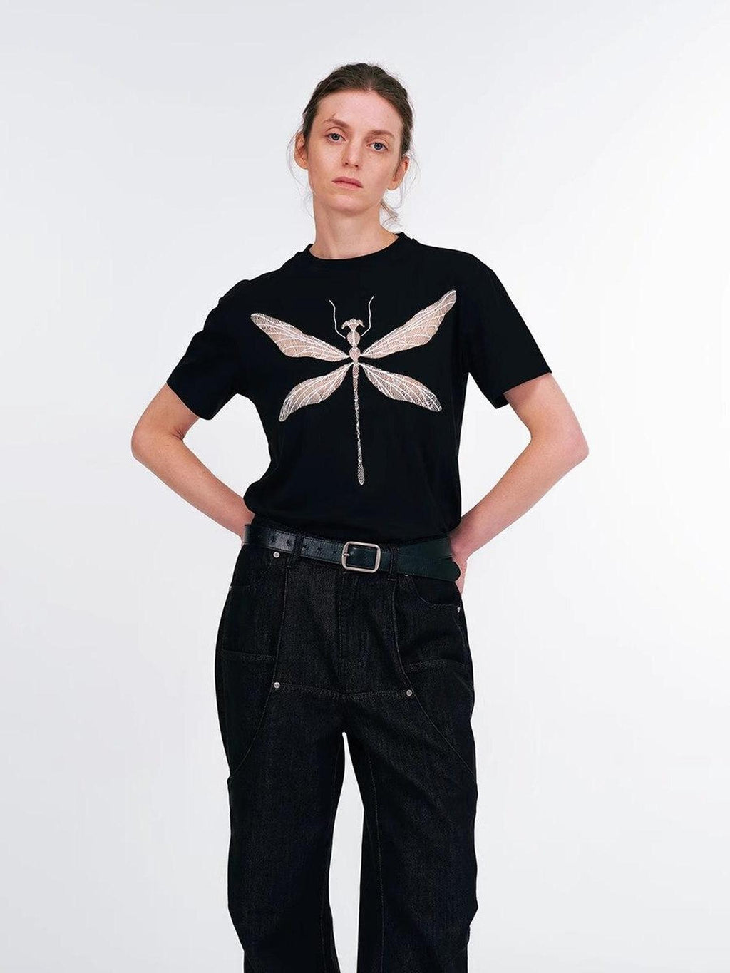 APRIORITY Dragonfly Lace Cutout Women's Lyocell Cotton Short Sleeve T-shirts