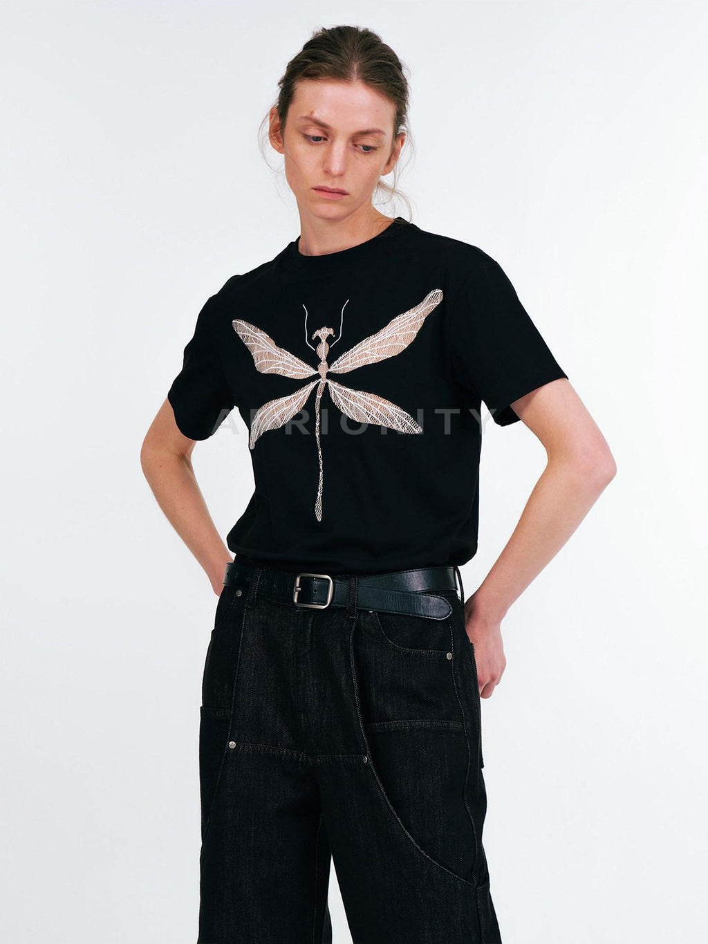 APRIORITY Dragonfly Lace Cutout Women's Lyocell Cotton Short Sleeve T-shirts