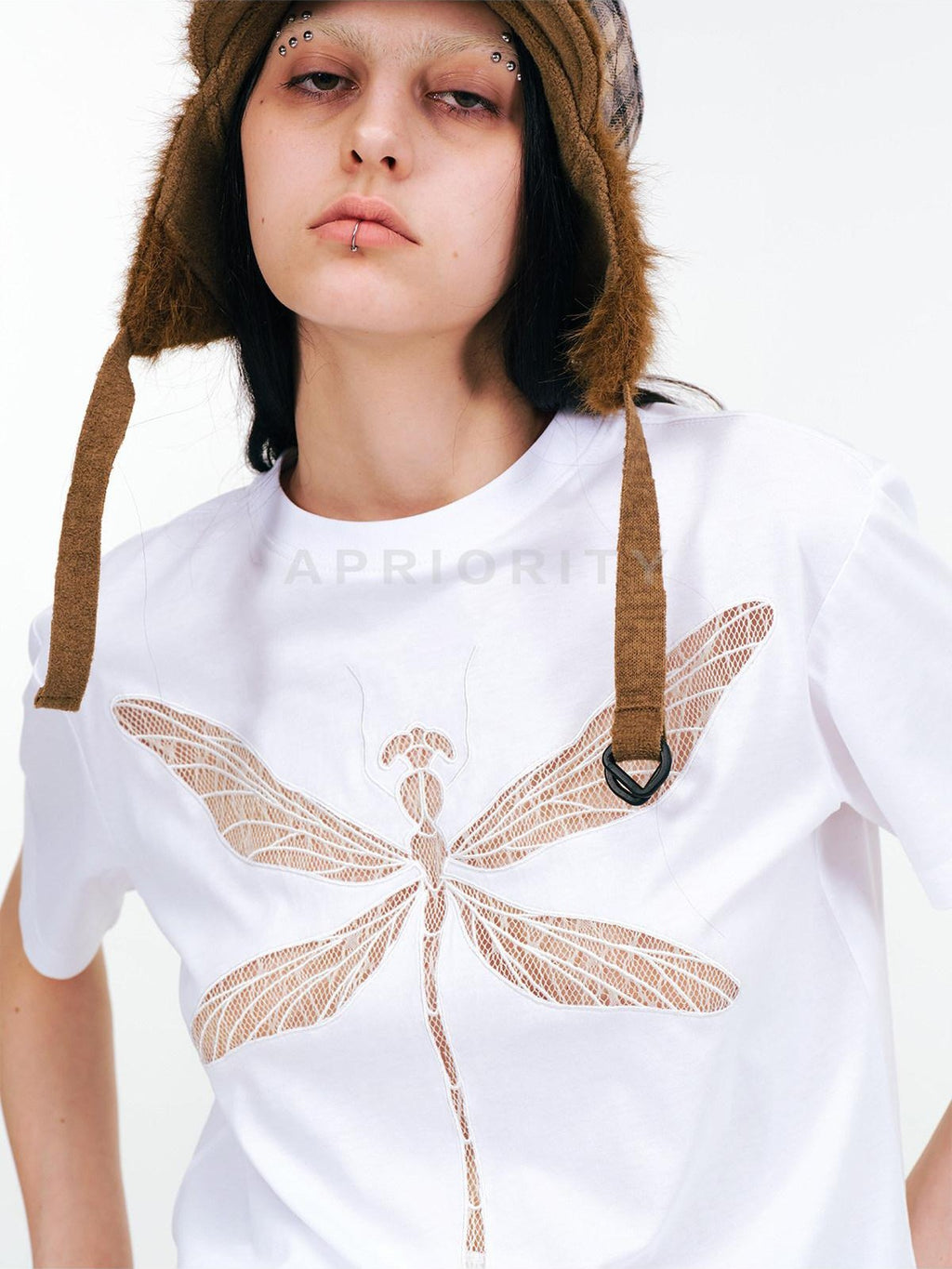 APRIORITY Dragonfly Lace Cutout Women's Lyocell Cotton Short Sleeve T-shirts