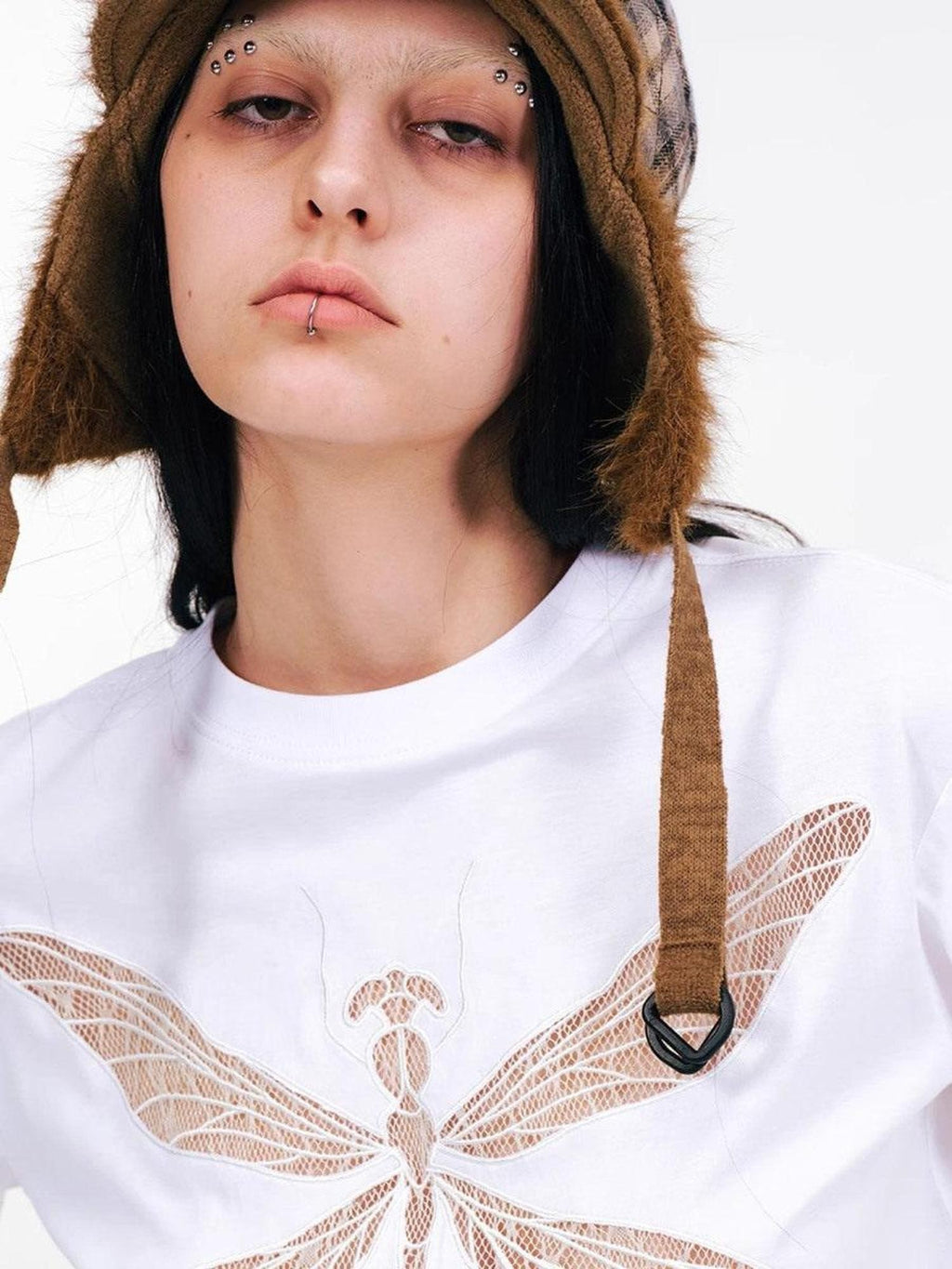 APRIORITY Dragonfly Lace Cutout Women's Lyocell Cotton Short Sleeve T-shirts