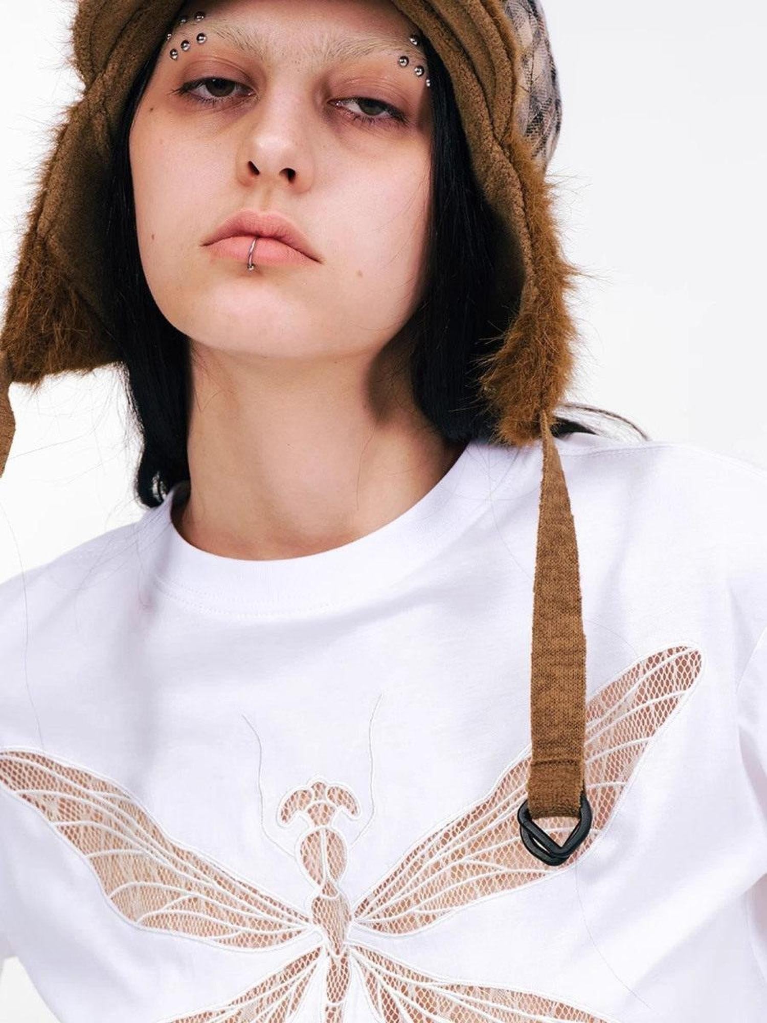 APRIORITY Dragonfly Lace Cutout Women's Lyocell Cotton Short Sleeve T-shirts