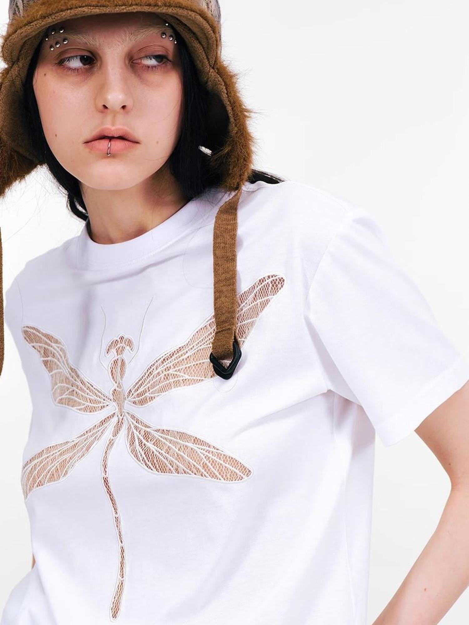 APRIORITY Dragonfly Lace Cutout Women's Lyocell Cotton Short Sleeve T-shirts