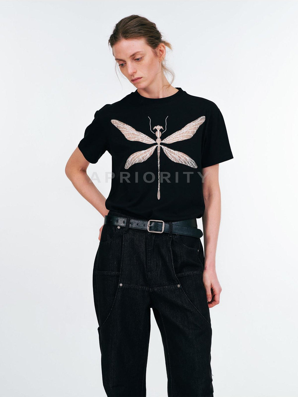 APRIORITY Dragonfly Lace Cutout Women's Lyocell Cotton Short Sleeve T-shirts
