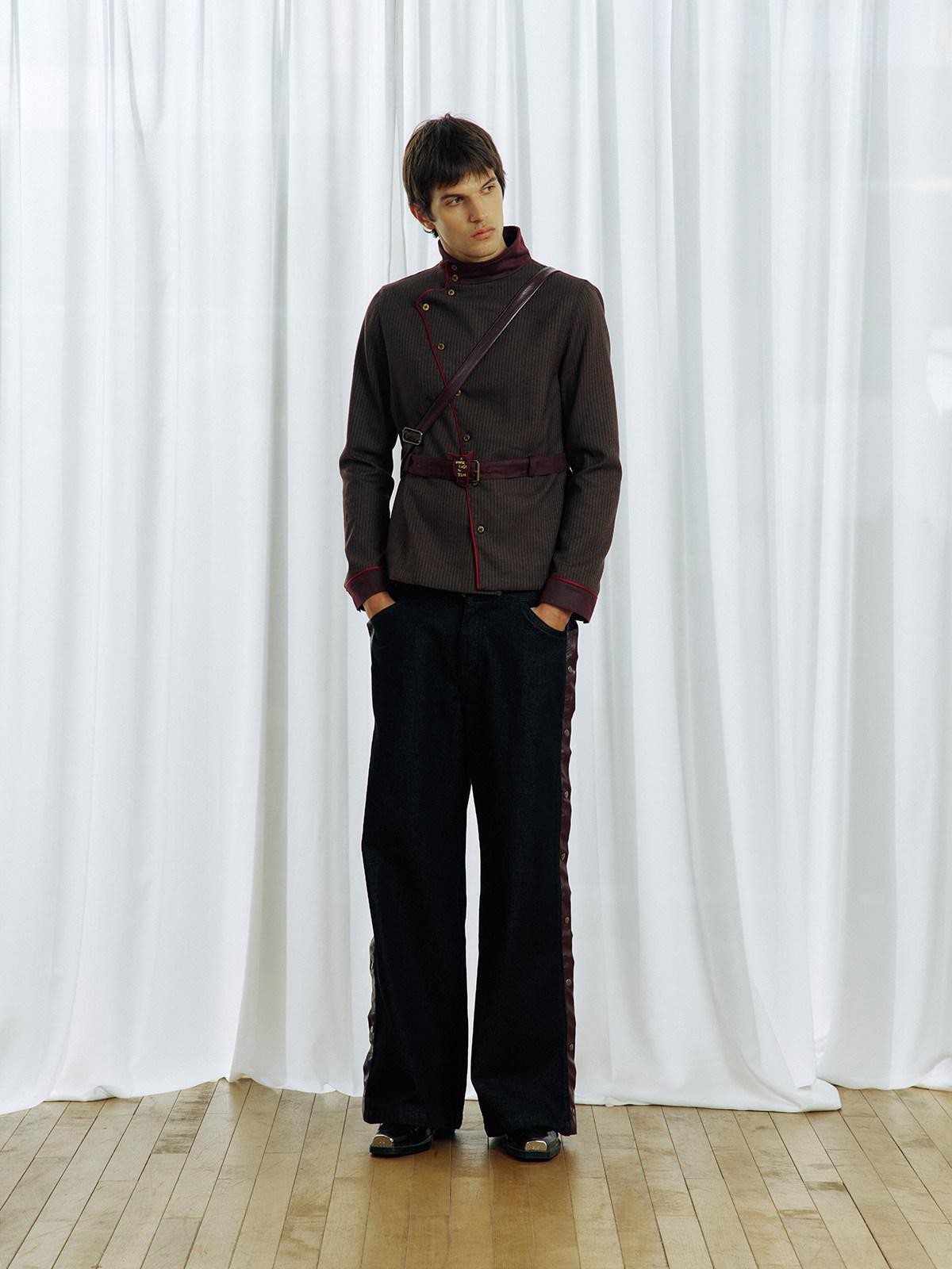 APRIORITY Embroidered Contrast Asymmetrical Stripe Stand Collar Women's Slim Shirt Jackets