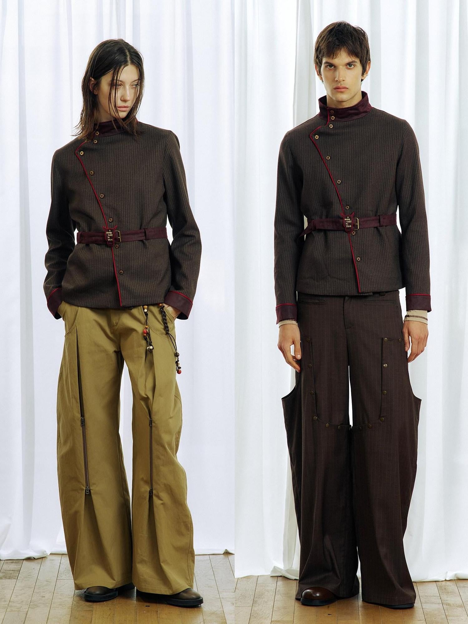 APRIORITY Embroidered Contrast Asymmetrical Stripe Stand Collar Women's Slim Shirt Jackets