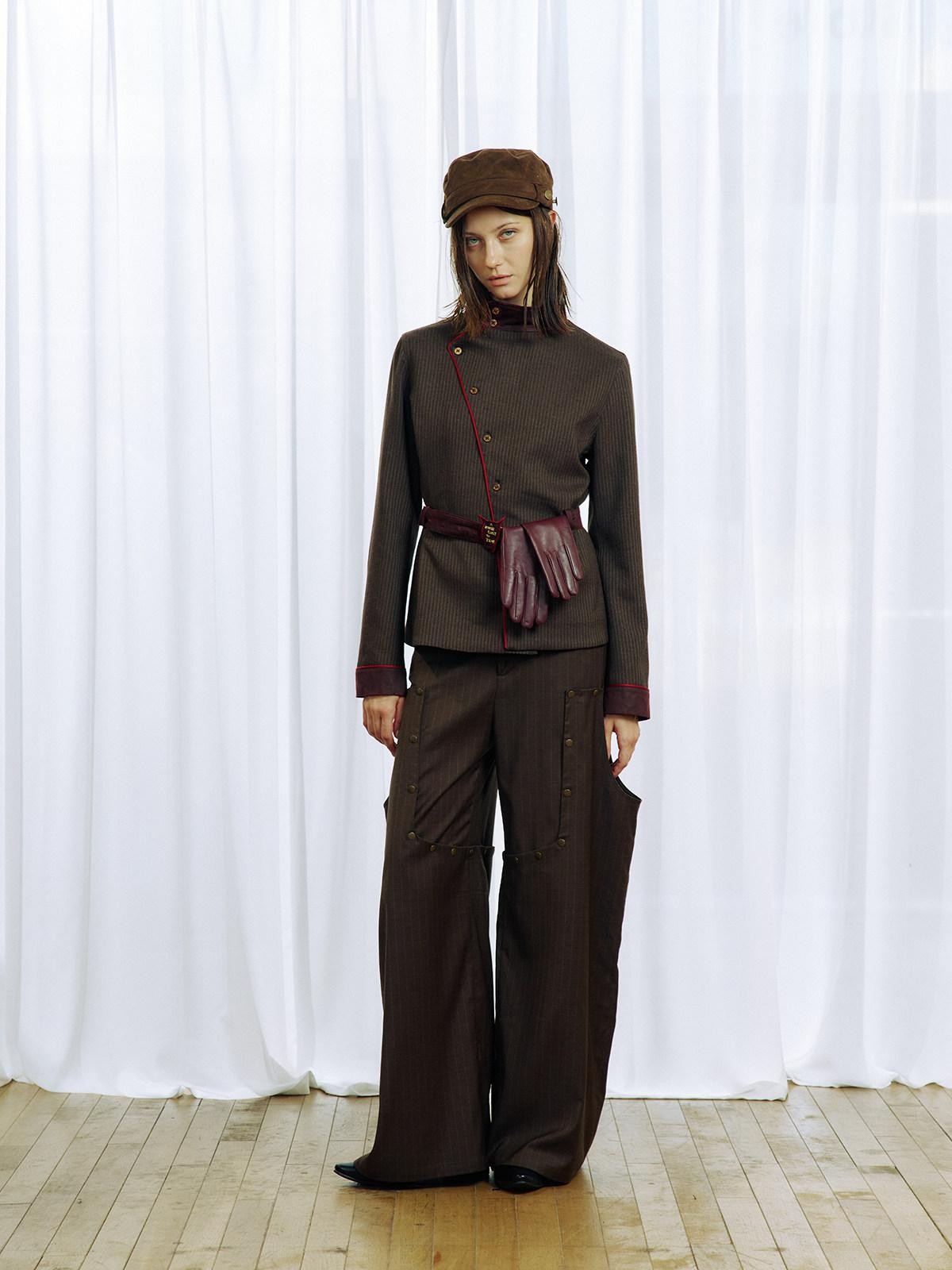 APRIORITY Embroidered Contrast Asymmetrical Stripe Stand Collar Women's Slim Shirt Jackets