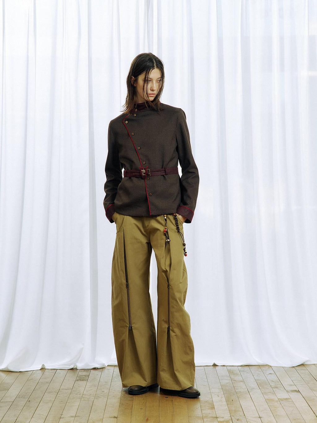 APRIORITY Embroidered Contrast Asymmetrical Stripe Stand Collar Women's Slim Shirt Jackets