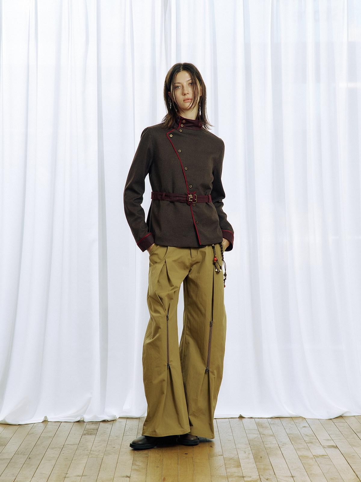 APRIORITY Embroidered Contrast Asymmetrical Stripe Stand Collar Women's Slim Shirt Jackets