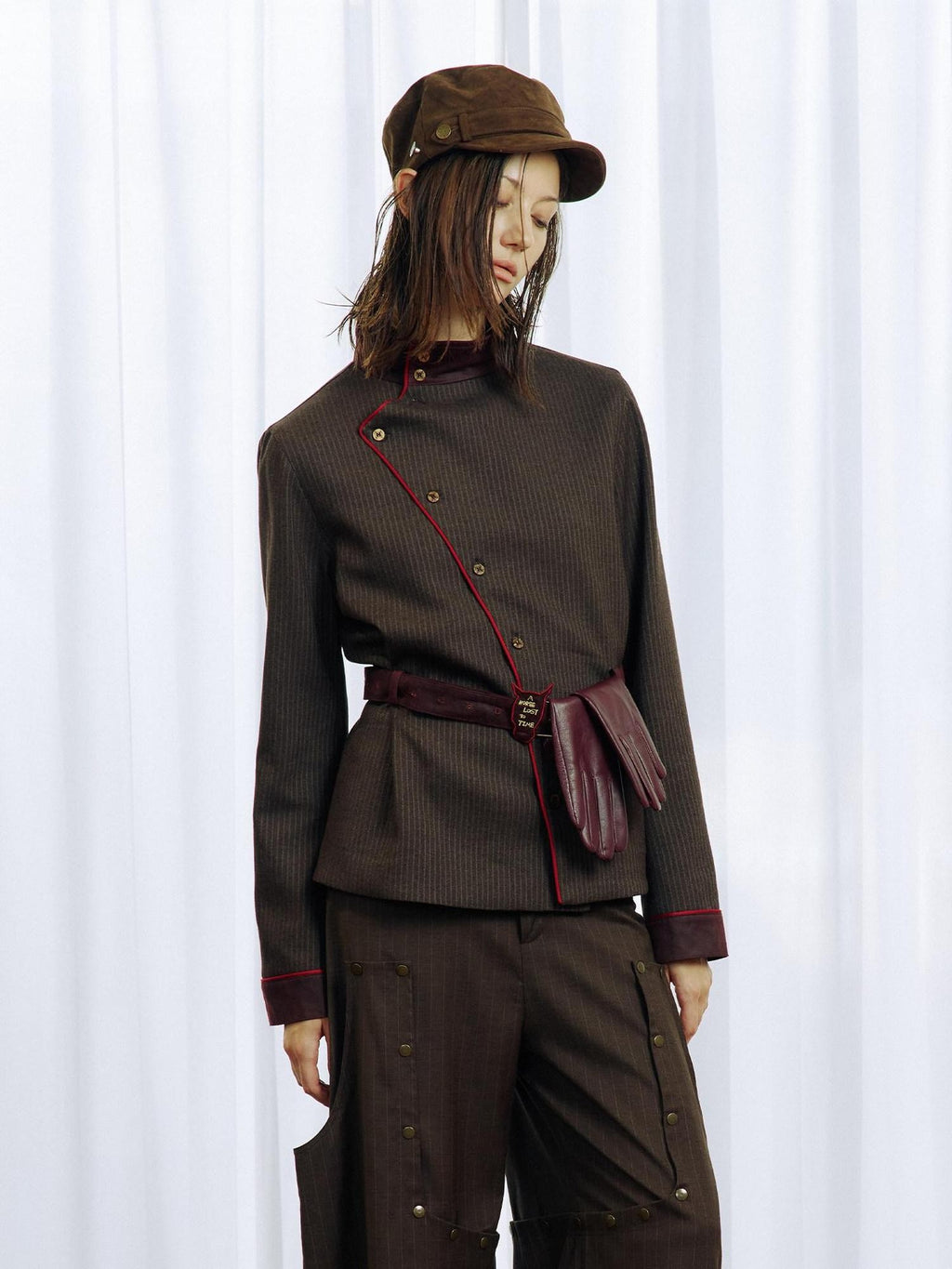 APRIORITY Embroidered Contrast Asymmetrical Stripe Stand Collar Women's Slim Shirt Jackets
