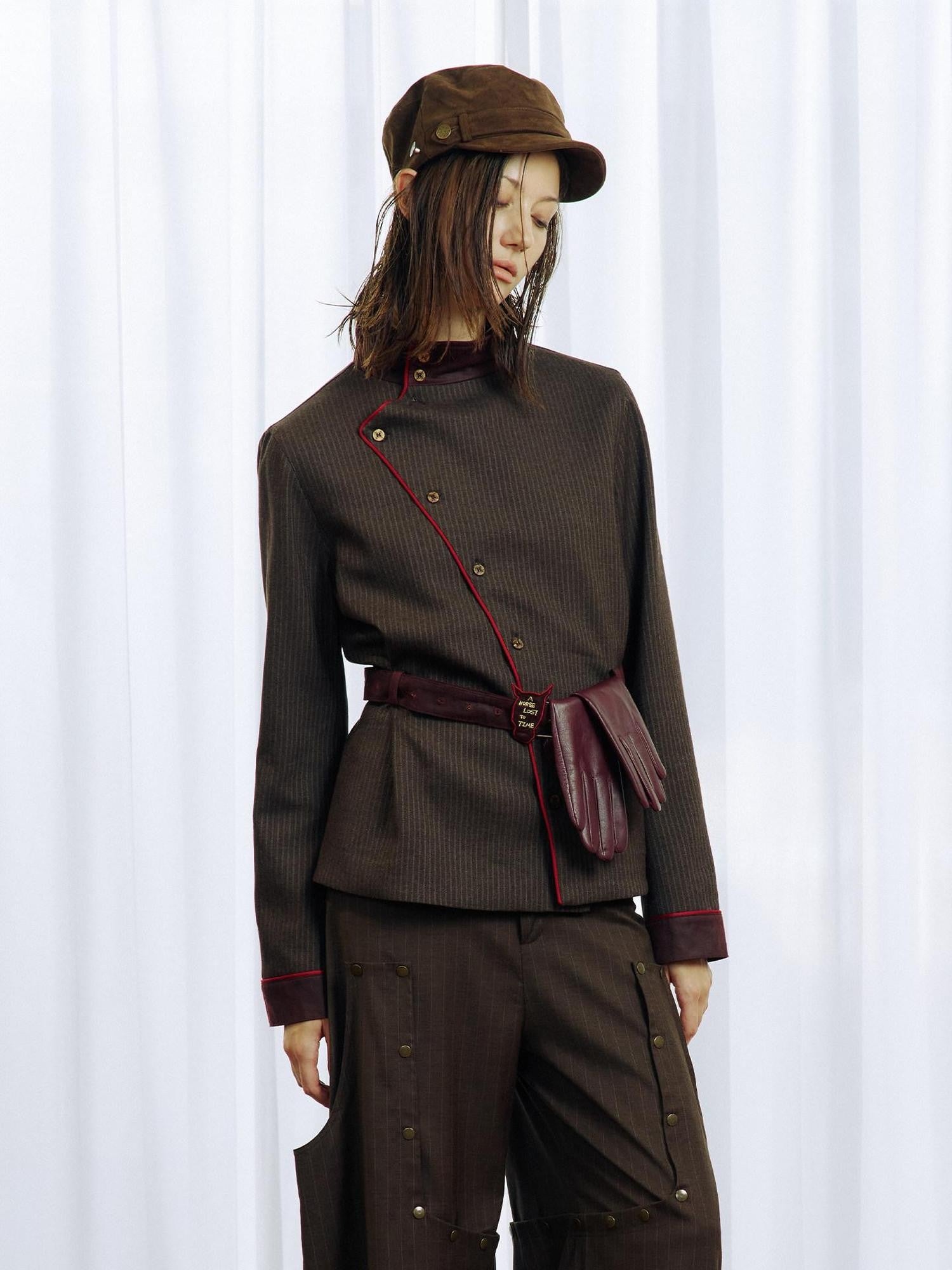 APRIORITY Embroidered Contrast Asymmetrical Stripe Stand Collar Women's Slim Shirt Jackets