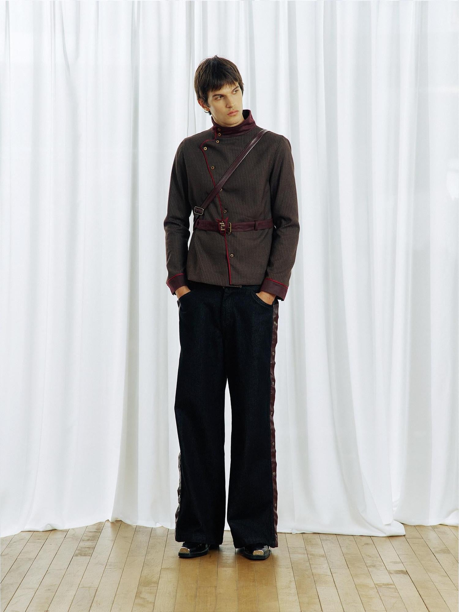 APRIORITY Embroidered Contrast Asymmetrical Stripe Stand Collar Women's Slim Shirt Jackets