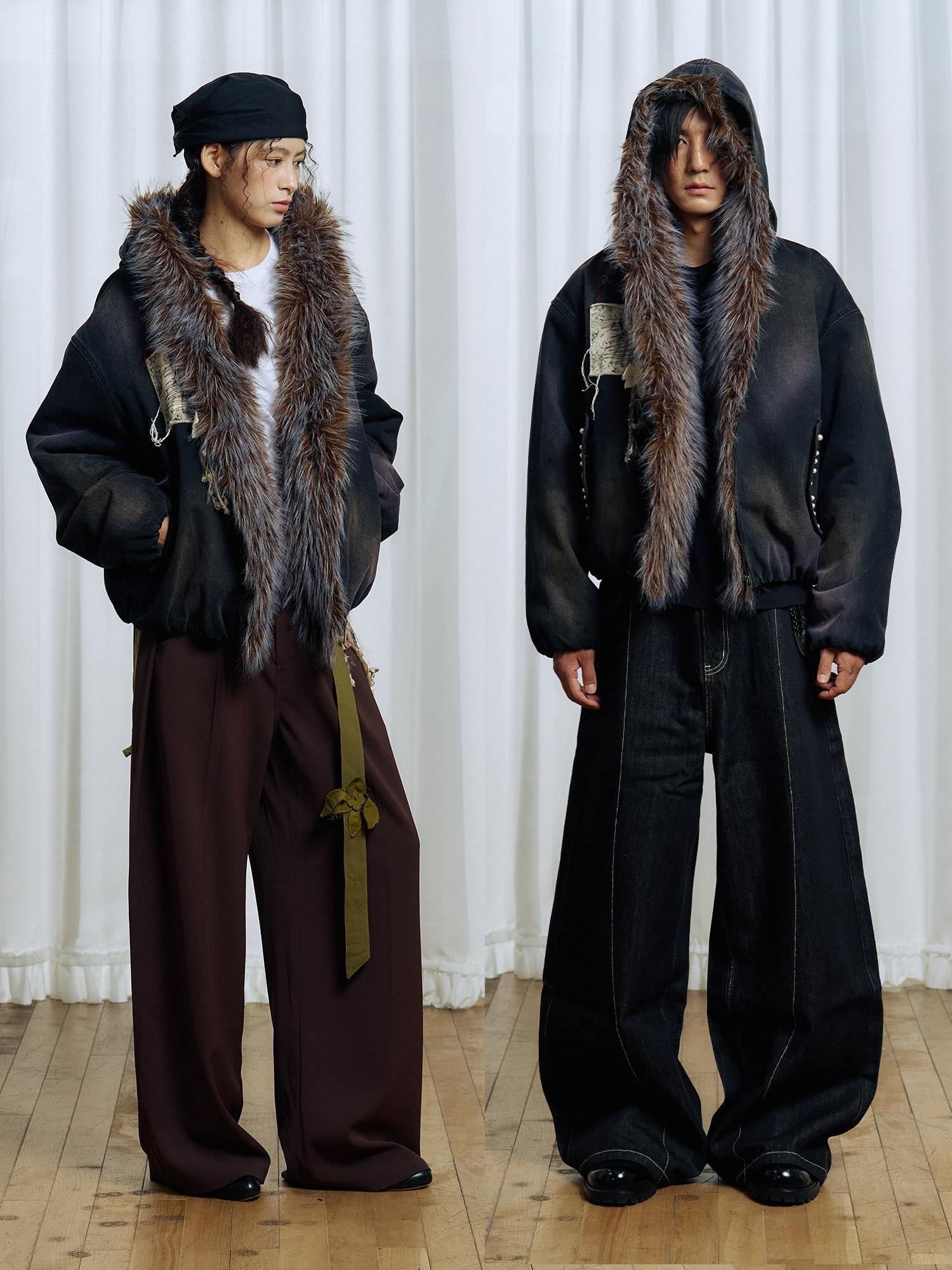 APRIORITY Embroidered Hooded Detachable Faux Fur Fleece Lined Women's Cotton Denim Jackets