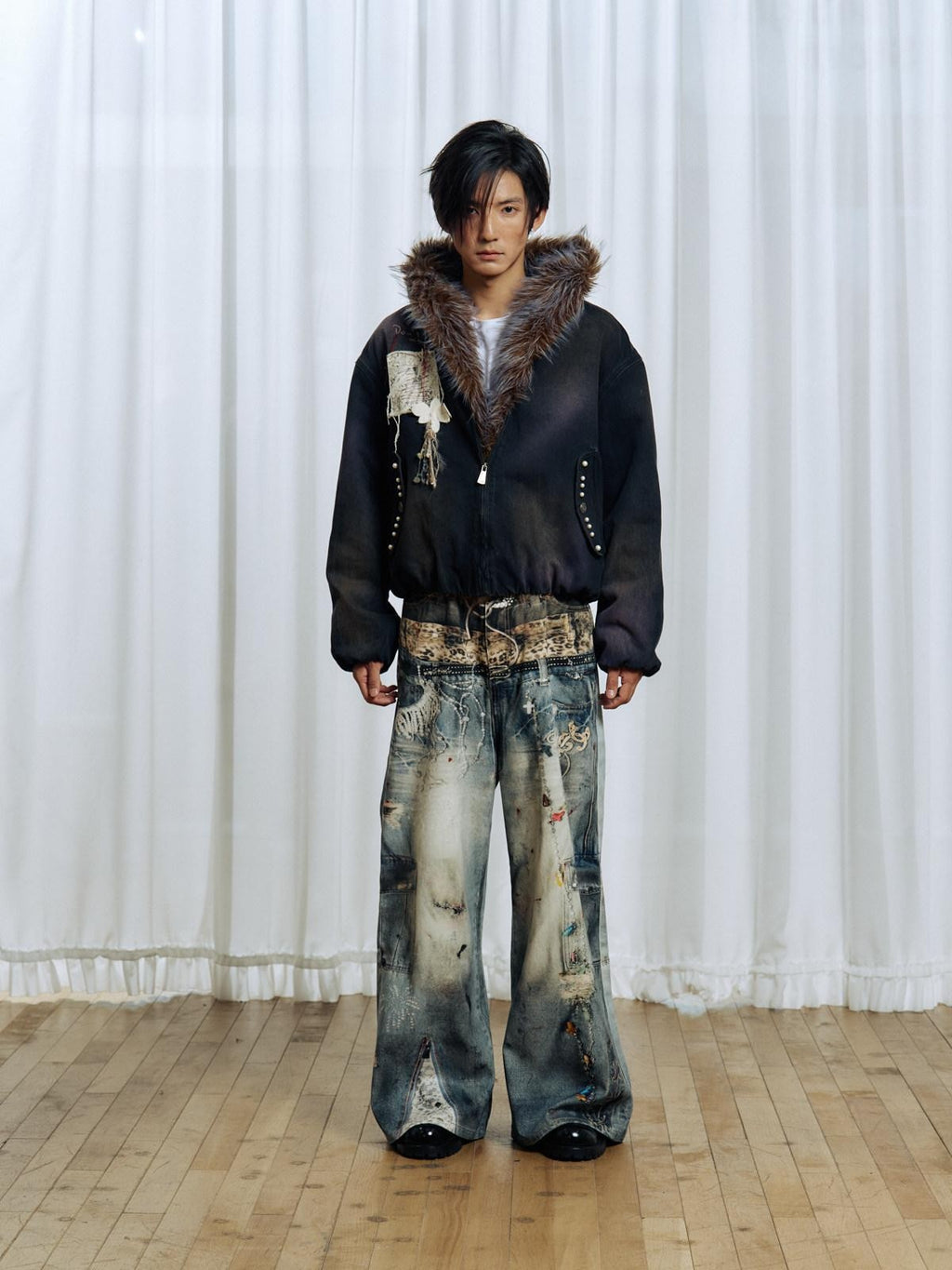 APRIORITY Embroidered Hooded Detachable Faux Fur Fleece Lined Women's Cotton Denim Jackets