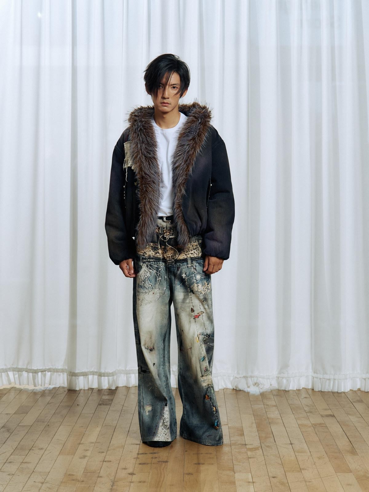 APRIORITY Embroidered Hooded Detachable Faux Fur Fleece Lined Women's Cotton Denim Jackets