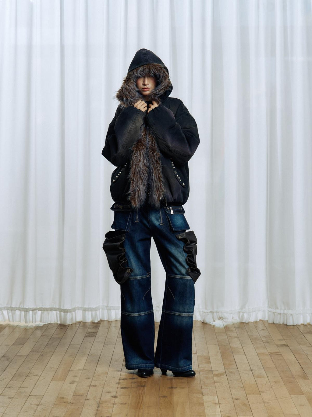 APRIORITY Embroidered Hooded Detachable Faux Fur Fleece Lined Women's Cotton Denim Jackets