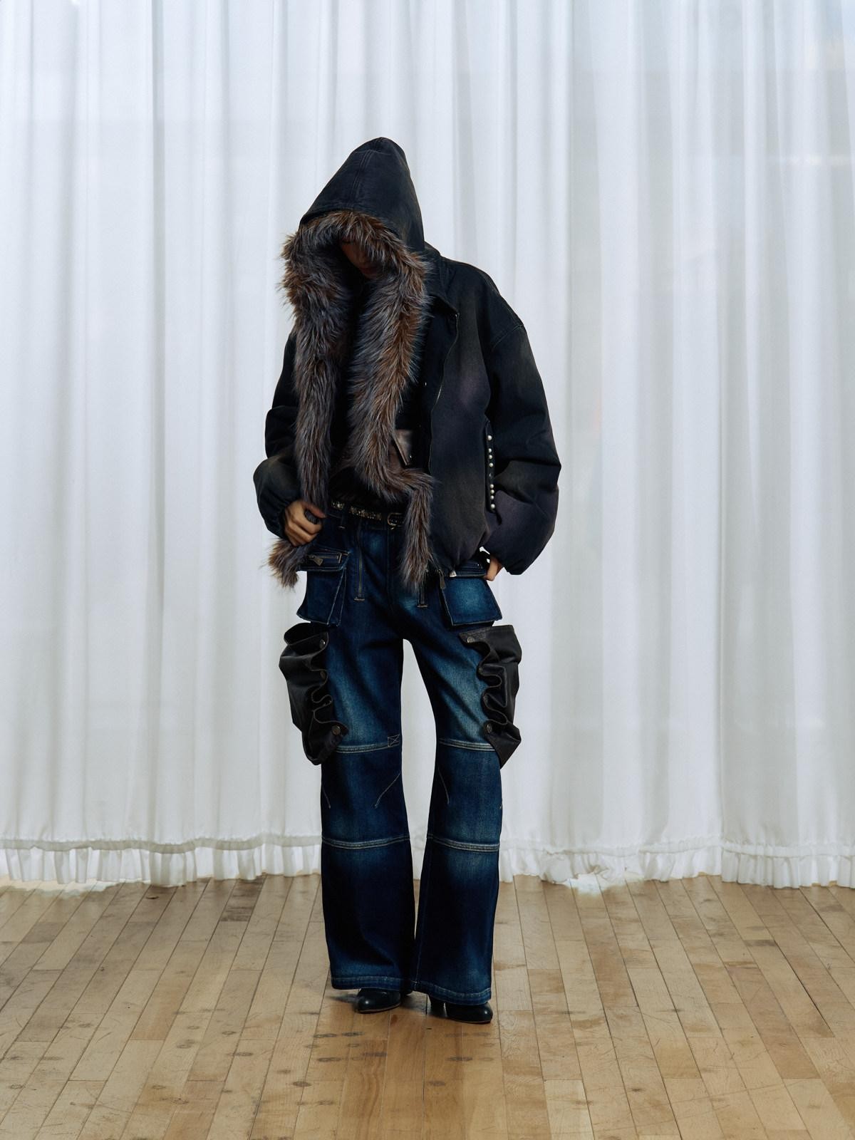 APRIORITY Embroidered Hooded Detachable Faux Fur Fleece Lined Women's Cotton Denim Jackets