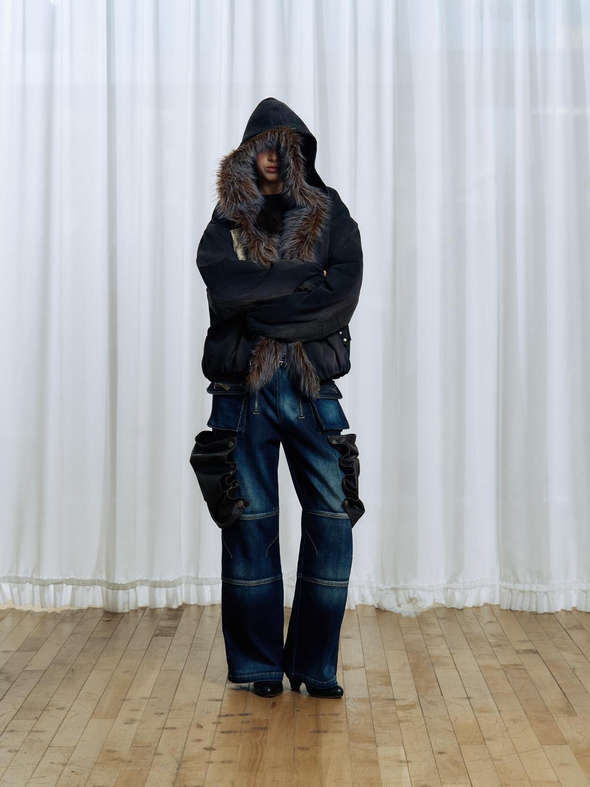 APRIORITY Embroidered Hooded Detachable Faux Fur Fleece Lined Women's Cotton Denim Jackets