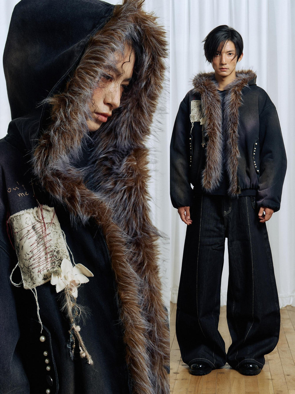 APRIORITY Embroidered Hooded Detachable Faux Fur Fleece Lined Women's Cotton Denim Jackets