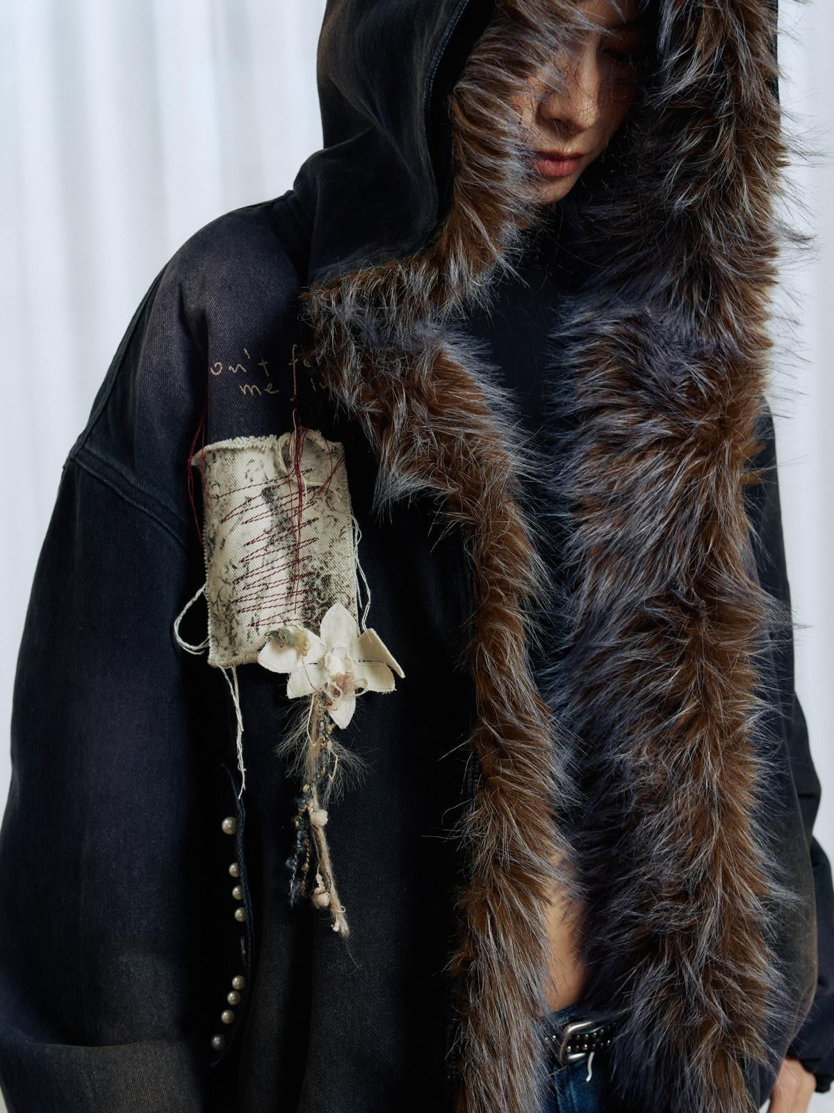 APRIORITY Embroidered Hooded Detachable Faux Fur Fleece Lined Women's Cotton Denim Jackets