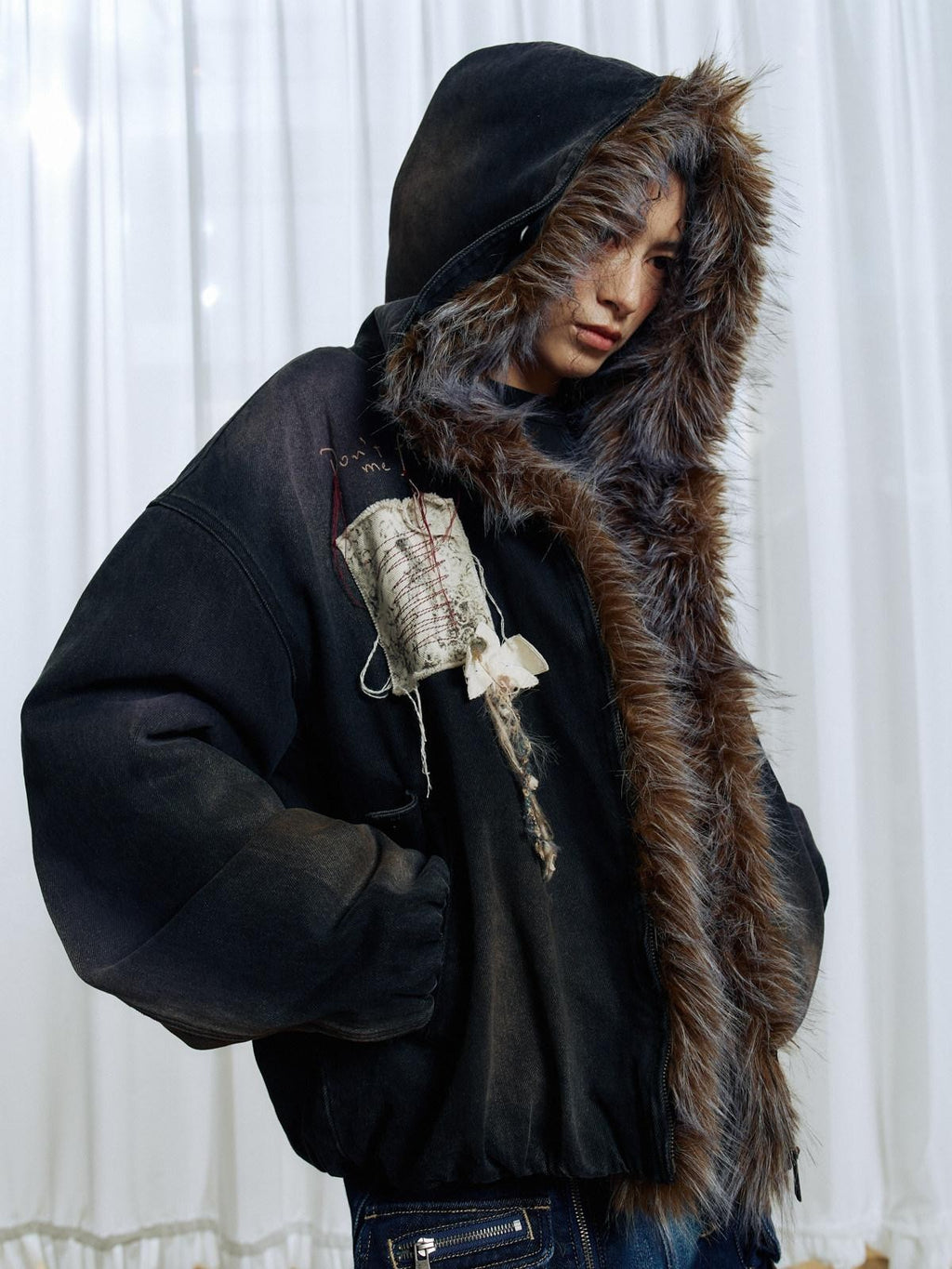 APRIORITY Embroidered Hooded Detachable Faux Fur Fleece Lined Women's Cotton Denim Jackets