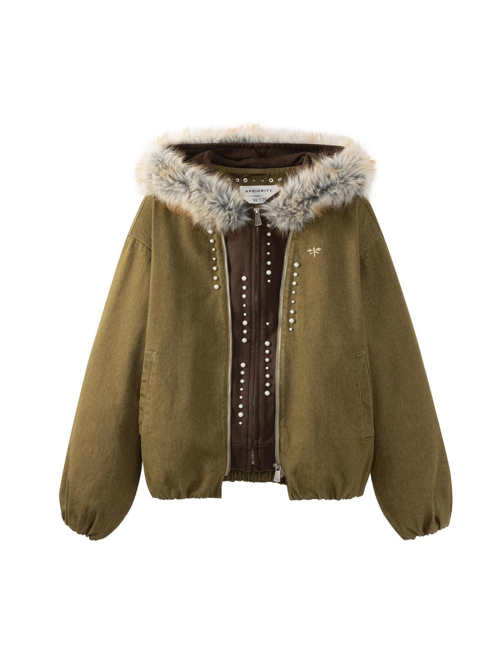 APRIORITY Embroidered Hooded Faux Layered Women's Canvas Mink Fur Collar Puffer Jackets