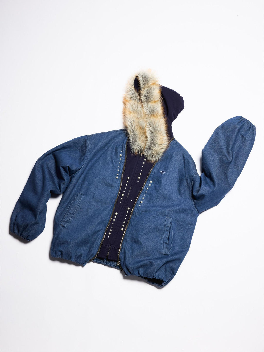APRIORITY Embroidered Hooded Faux Layered Women's Canvas Mink Fur Collar Puffer Jackets