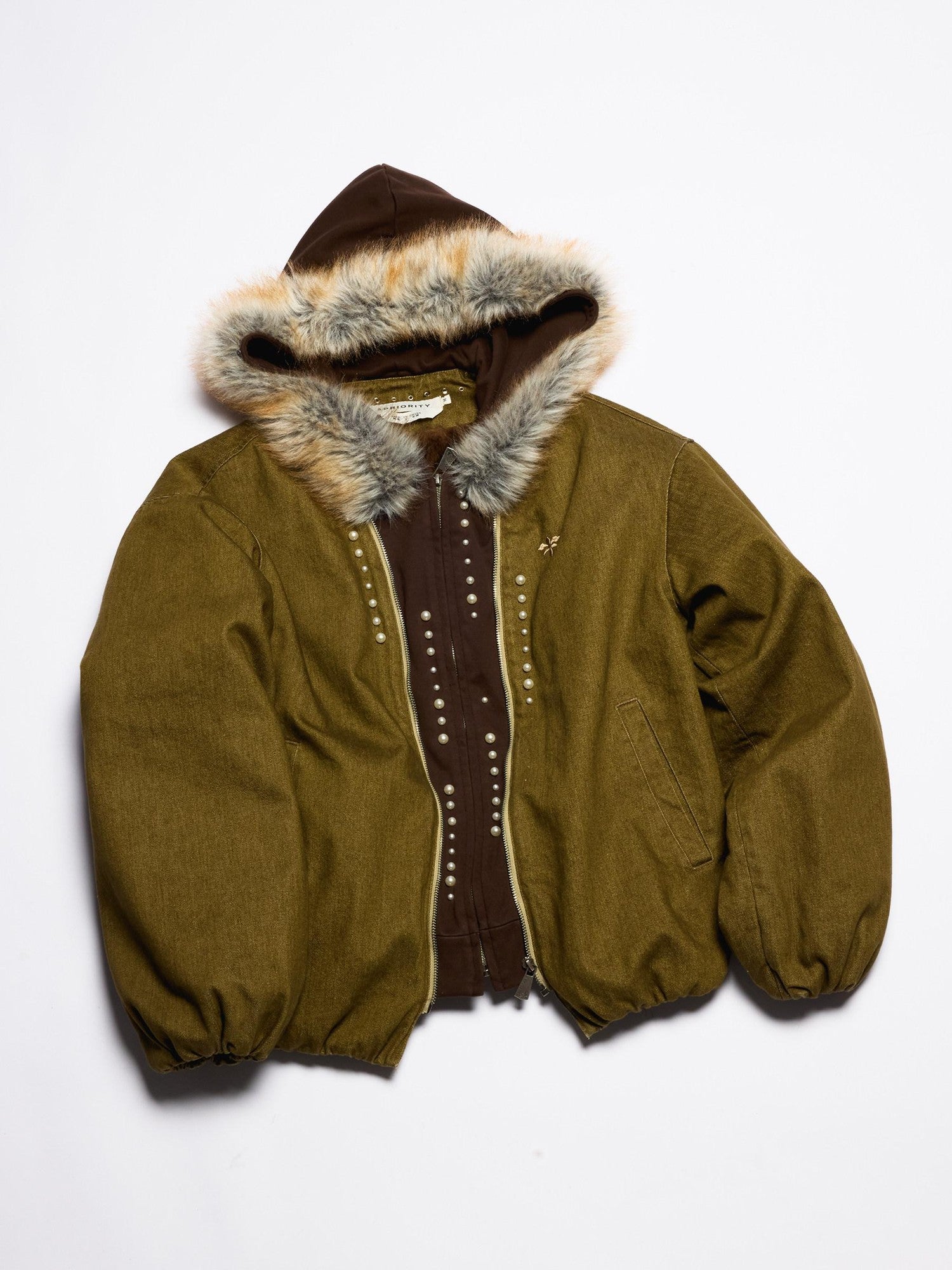 APRIORITY Embroidered Hooded Faux Layered Women's Canvas Mink Fur Collar Puffer Jackets