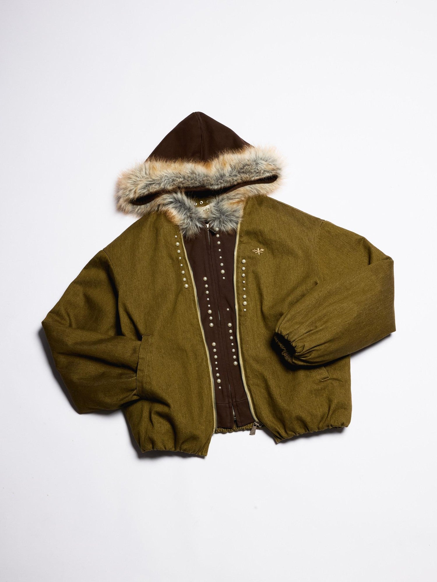 APRIORITY Embroidered Hooded Faux Layered Women's Canvas Mink Fur Collar Puffer Jackets