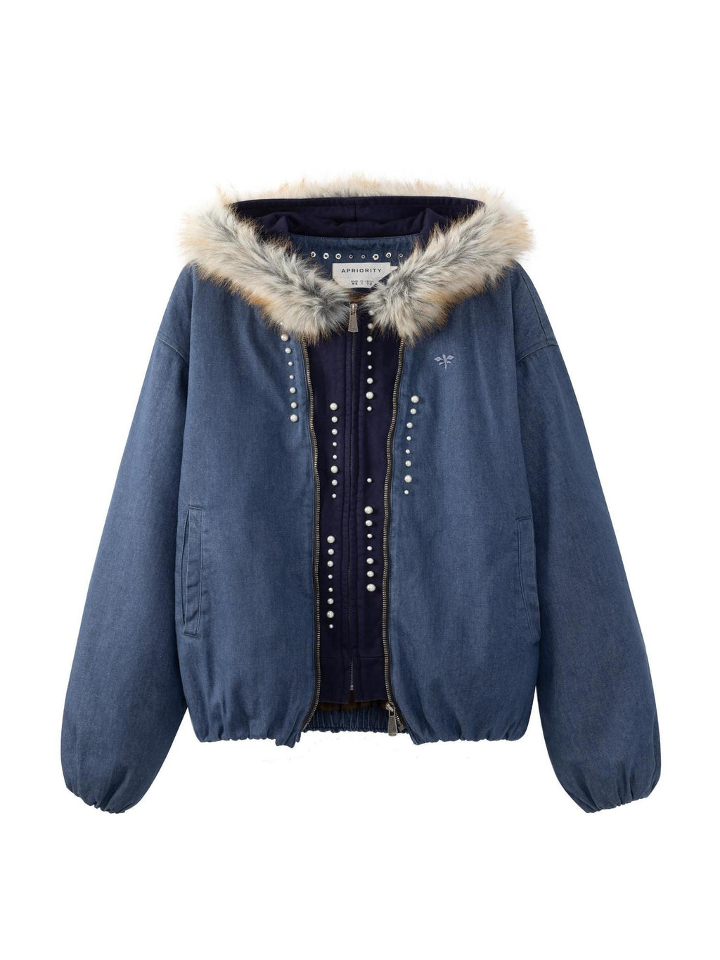APRIORITY Embroidered Hooded Faux Layered Women's Canvas Mink Fur Collar Puffer Jackets