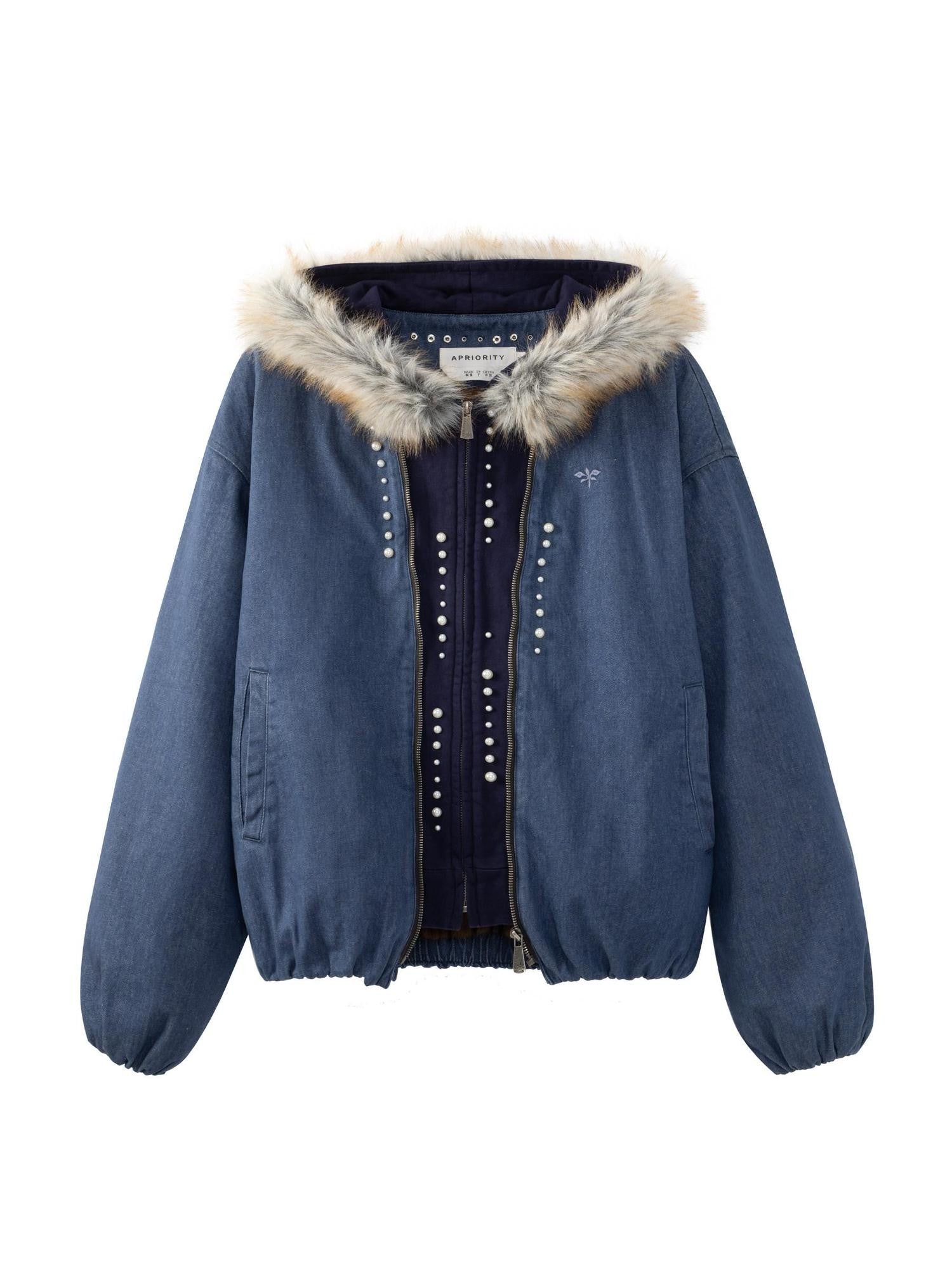 APRIORITY Embroidered Hooded Faux Layered Women's Canvas Mink Fur Collar Puffer Jackets