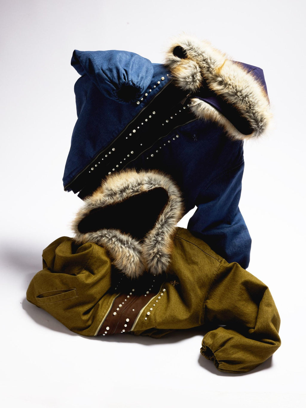 APRIORITY Embroidered Hooded Faux Layered Women's Canvas Mink Fur Collar Puffer Jackets