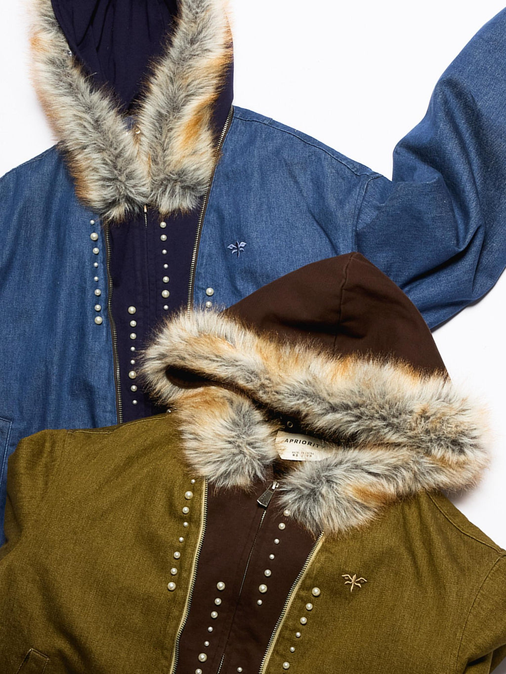 APRIORITY Embroidered Hooded Faux Layered Women's Canvas Mink Fur Collar Puffer Jackets