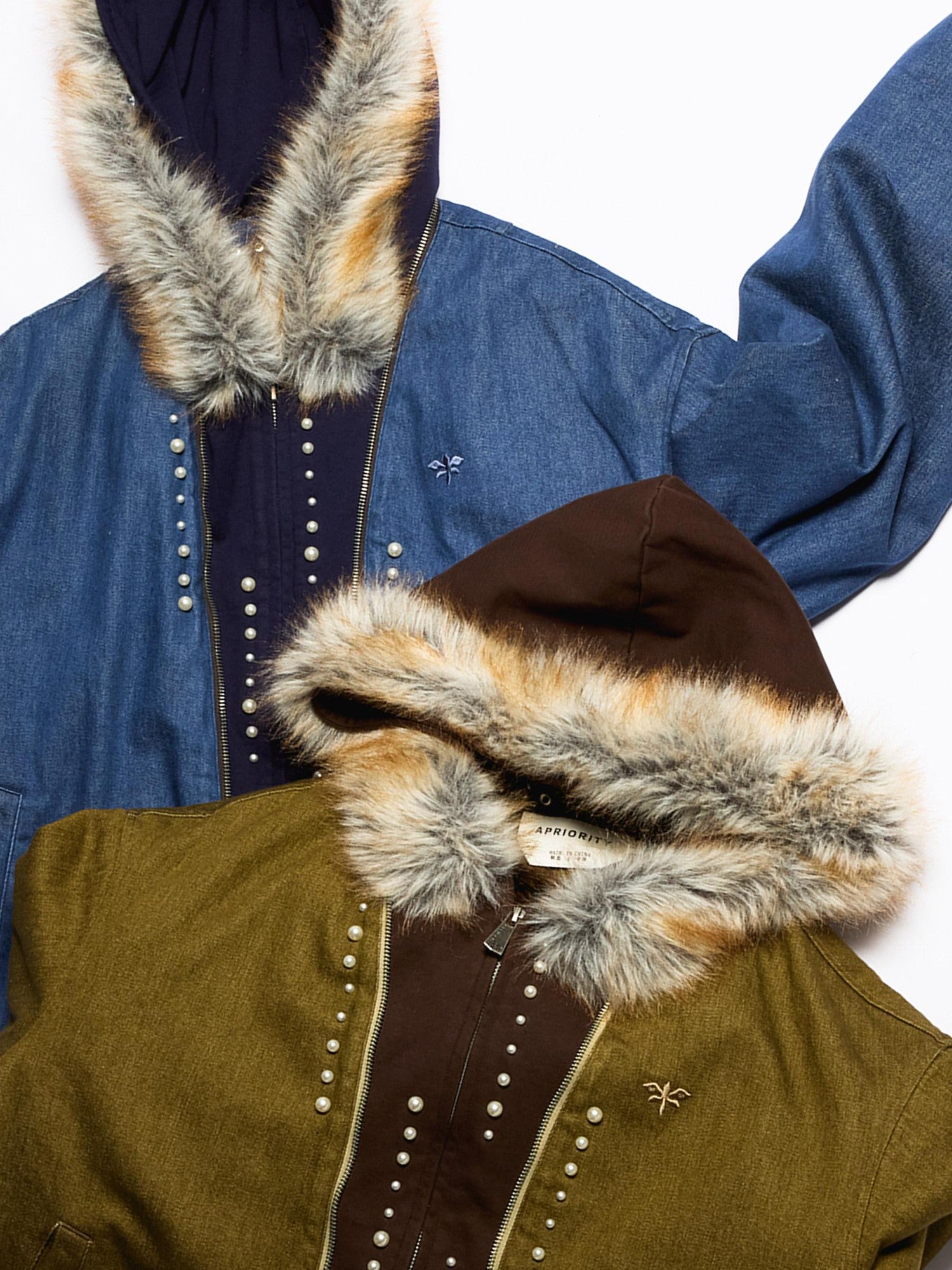 APRIORITY Embroidered Hooded Faux Layered Women's Canvas Mink Fur Collar Puffer Jackets