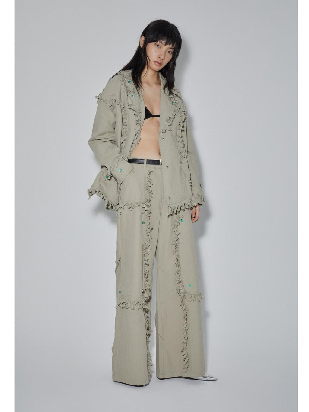 APRIORITY Emerald Gemstone Frayed Blazer Distressed Loose Women's Cotton Shirt Jackets