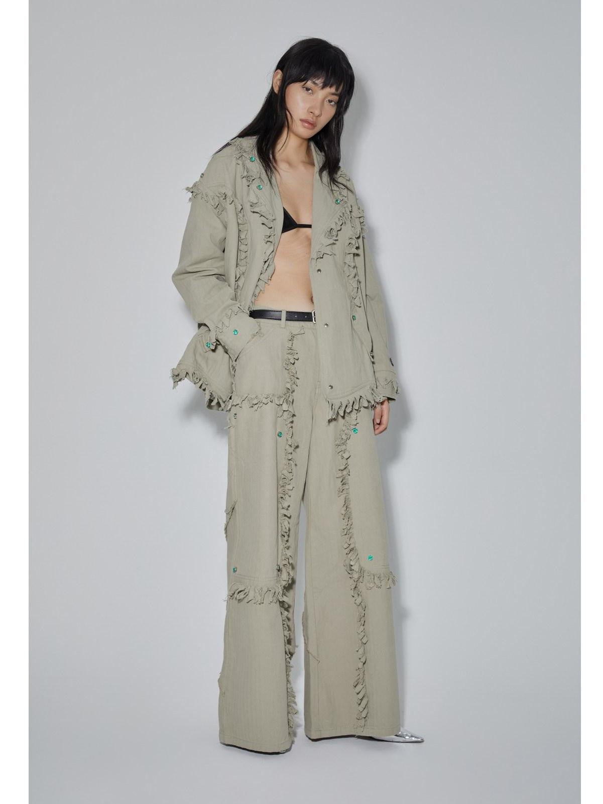 APRIORITY Emerald Gemstone Frayed Blazer Distressed Loose Women's Cotton Shirt Jackets