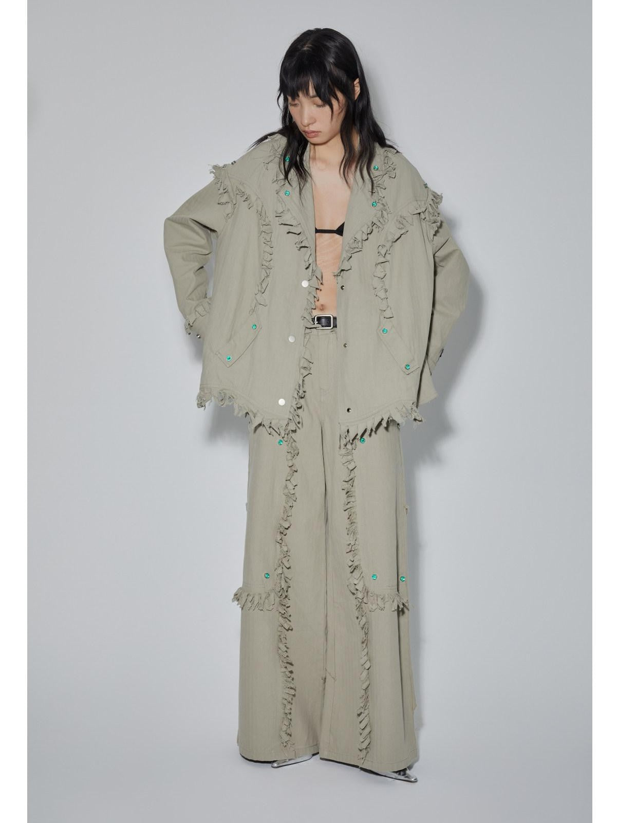 APRIORITY Emerald Gemstone Frayed Blazer Distressed Loose Women's Cotton Shirt Jackets