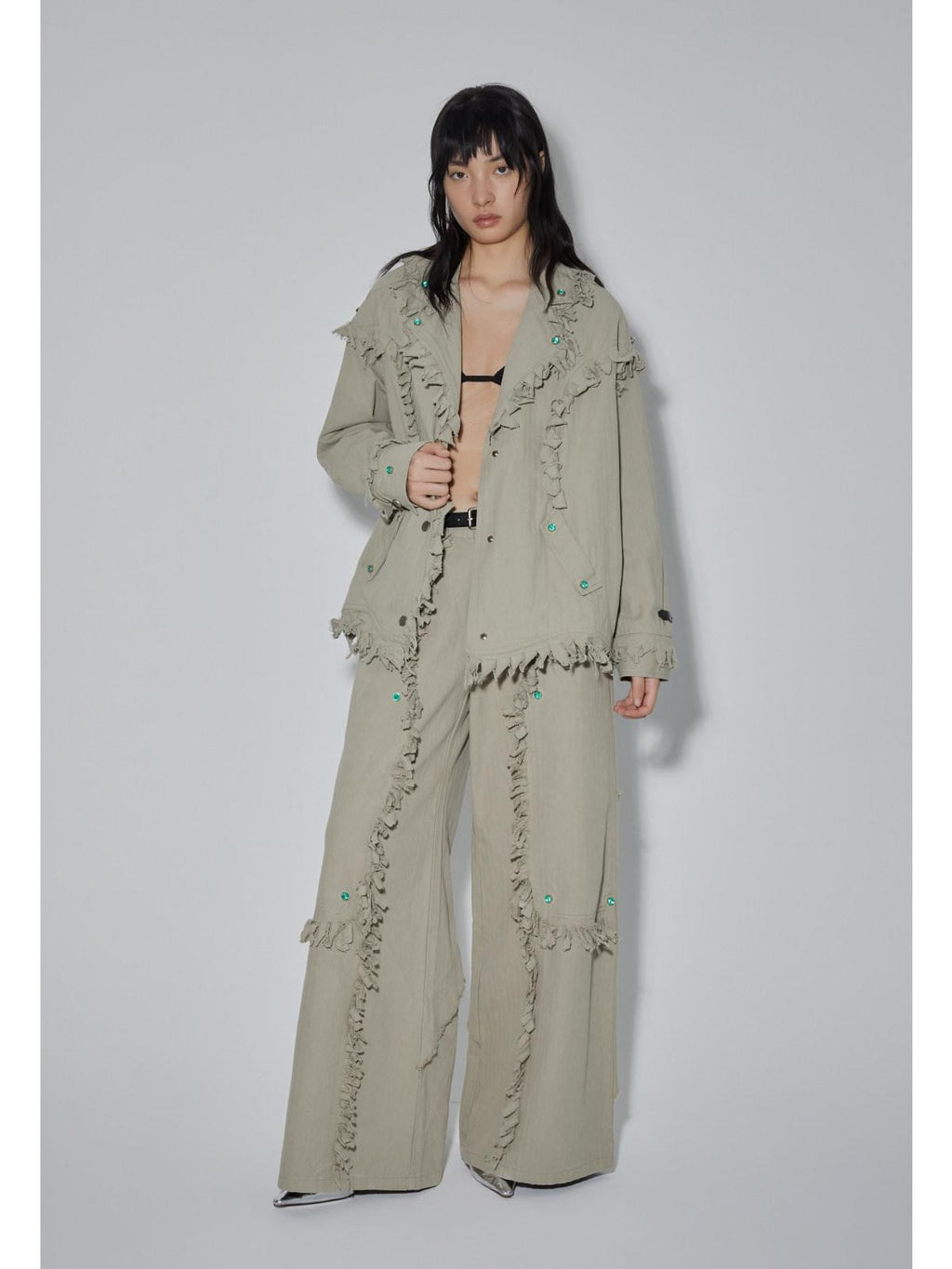 APRIORITY Emerald Gemstone Frayed Blazer Distressed Loose Women's Cotton Shirt Jackets