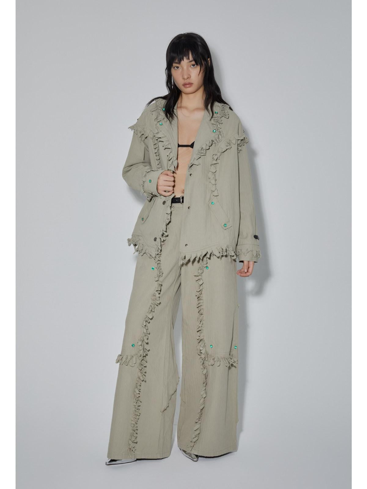 APRIORITY Emerald Gemstone Frayed Blazer Distressed Loose Women's Cotton Shirt Jackets