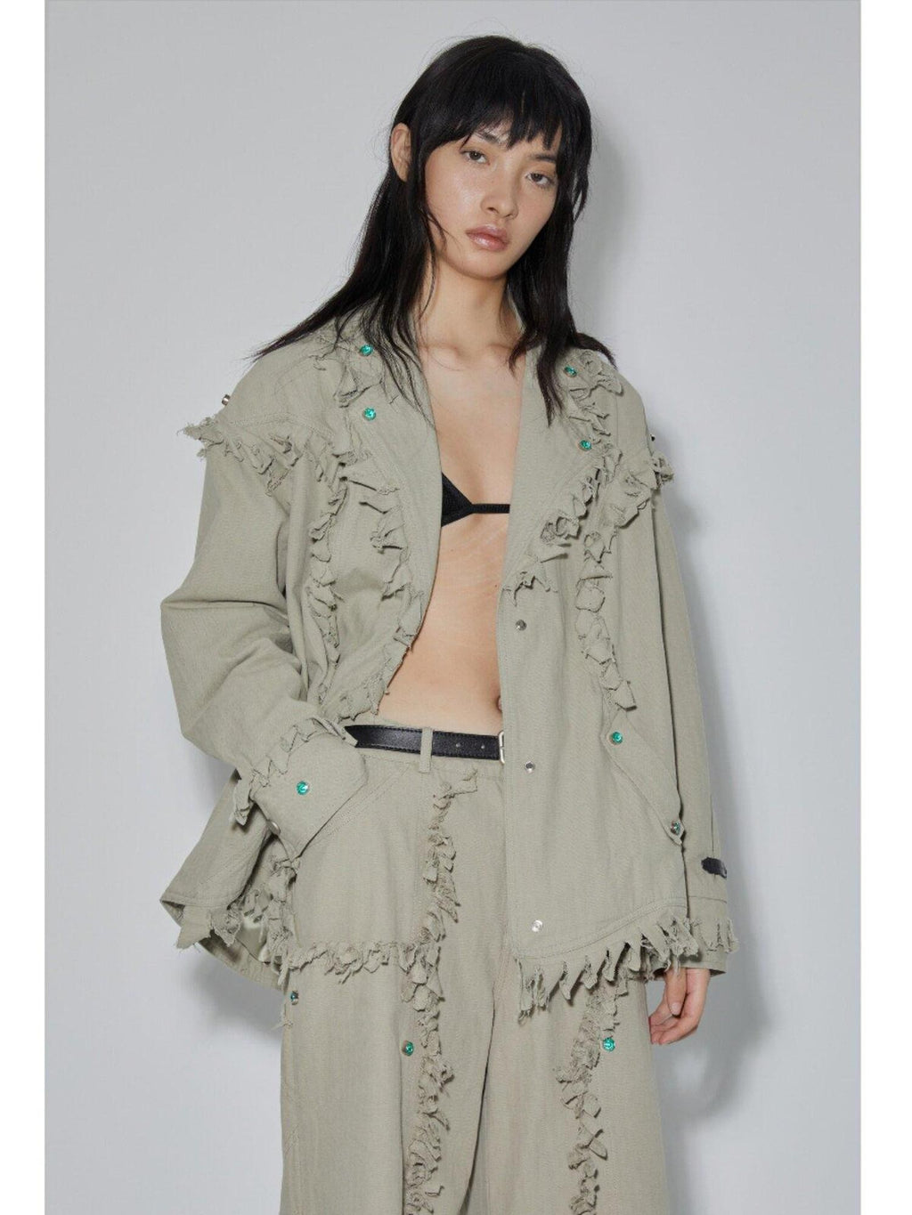 APRIORITY Emerald Gemstone Frayed Blazer Distressed Loose Women's Cotton Shirt Jackets