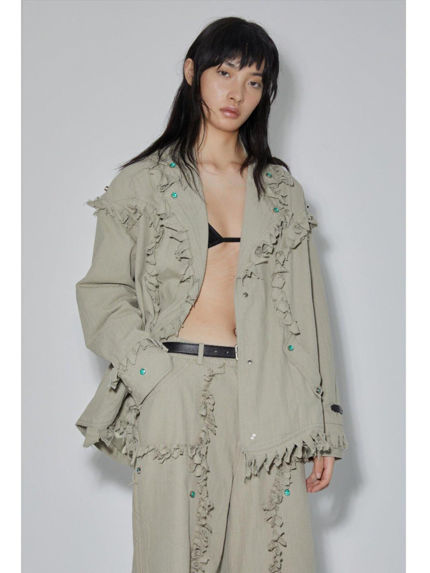 APRIORITY Emerald Gemstone Frayed Blazer Distressed Loose Women's Cotton Shirt Jackets