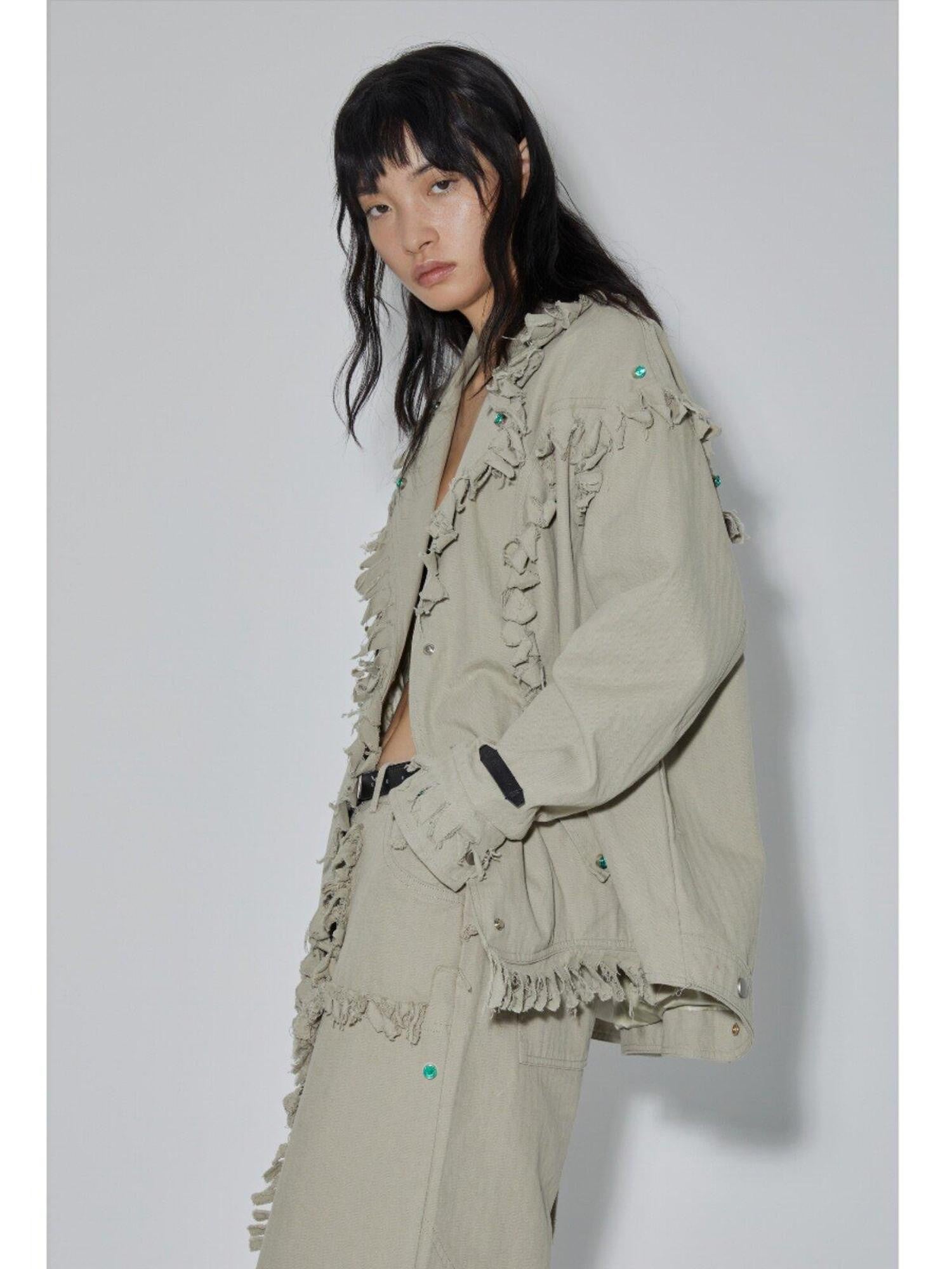 APRIORITY Emerald Gemstone Frayed Blazer Distressed Loose Women's Cotton Shirt Jackets