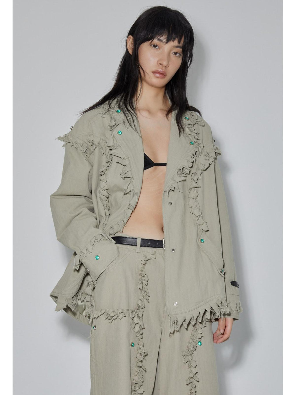 APRIORITY Emerald Gemstone Frayed Blazer Distressed Loose Women's Cotton Shirt Jackets
